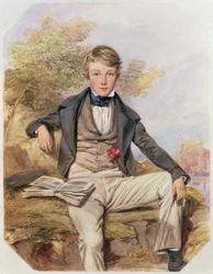 Portrét sedícího Benjamina Gibbonse, s výhledem na Eton College Beyond, kolem roku 1838 (wc na papíře)